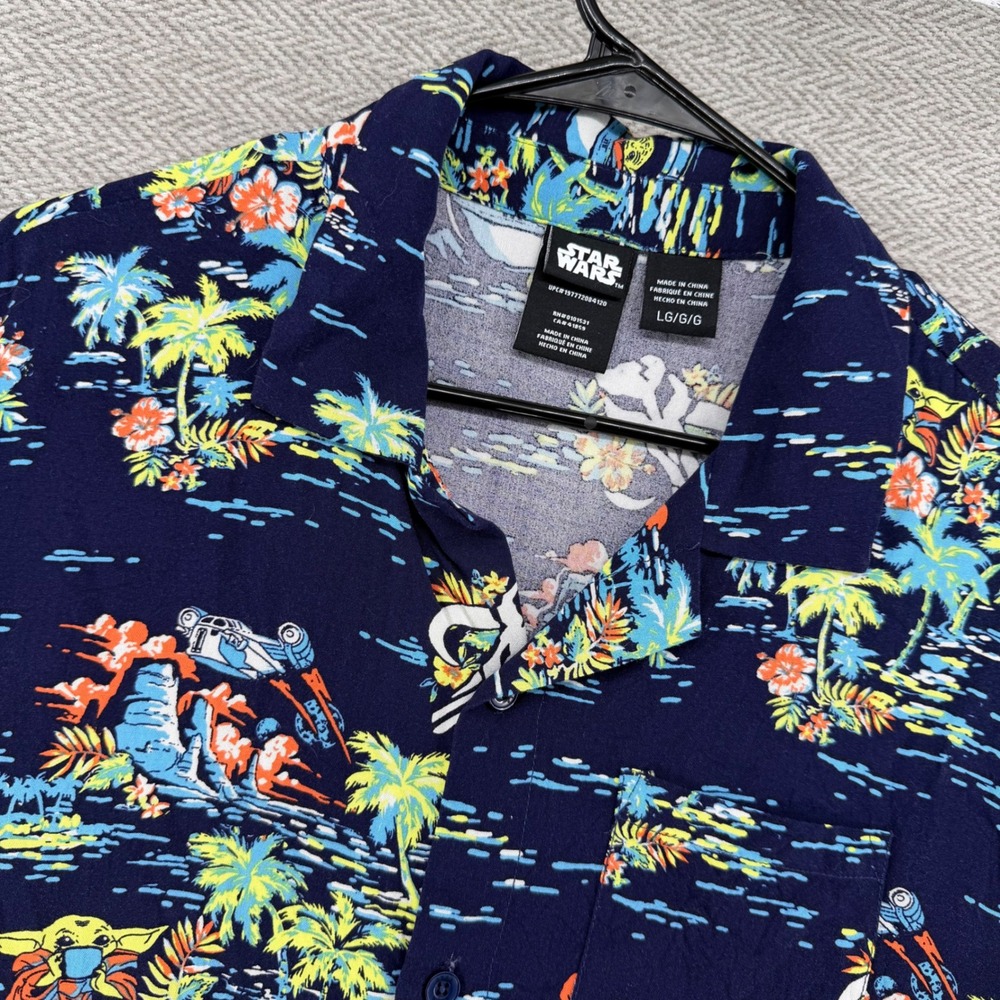 Star Wars Shirt Large Navy Blue Rayon Grogu Baby Yoda Tropical Aloha Hawaiian